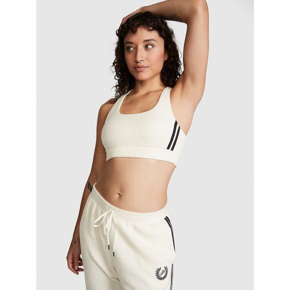 Pink by Victoria Secret Reverse Fleece Lounge Sports Bra Cream black Stripes Med - Picture 2 of 9